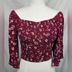 Liberty Love Burgundy Floral‎ Smocked Cropped Flutter Sleeve Y2k Cottagecore